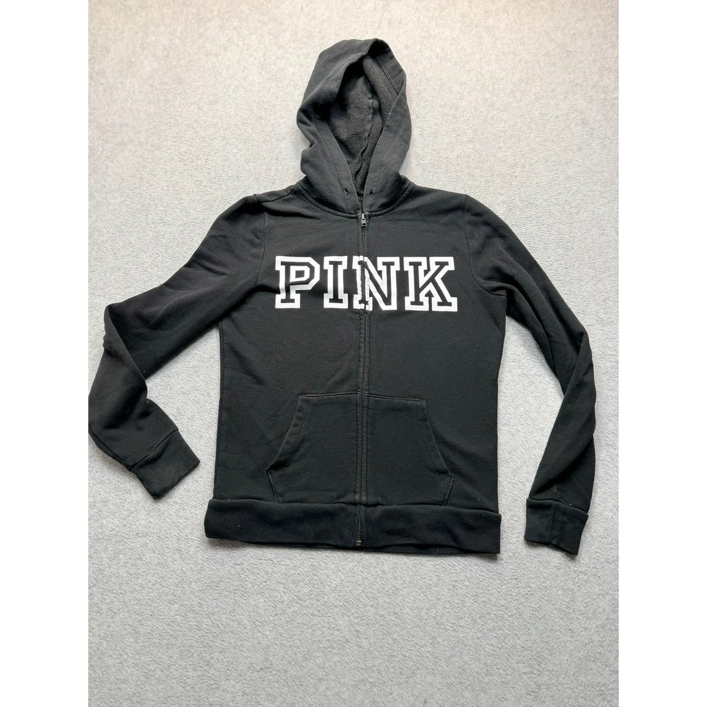 Victorias Secret PINK Full Zip Hoodie Black White Logo Sweatshirt Small